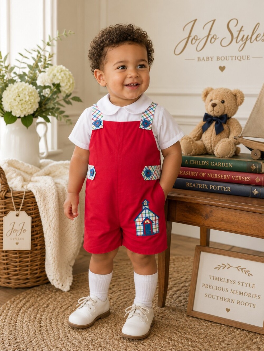 NWT The Beaufort Bonnet Company Teddy's Tab Jon Jon Schoolhouse Romper 6-12M